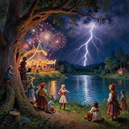 closeup of a night carnival around a magical in a summer storm, tree cavity with a music scenario with many fireworks and christmas lights, next to a lake with iridiscent lake water, volumetric lightning, folklore people disguised with fantastic creatures in a magical forest by summer night, masterpiece painted by william russell flint, scene by dark night environment, refraction lights