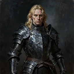 oil painting of a pale menacing dio brando with long blond hair and piercing eyes, pearly third eye on forehead, powerful knight in tall jagged black plate armor, cinematic chiaroscuro creeping darkness, by J.C leyendecker and norman rockwell