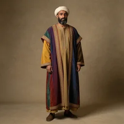 middle ages middle eastern colored clothing, middle aged man, dark complexion, well trimmed beard, portrait full body view including the head, rembrandt art style