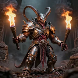 airbrush macro baphomet orcus hybrid throned horror, random animal | viscera as god |, carapace rusted chrome chaos in dystopic armor, deep in sewer system, chris foss, enric torres, alberto bontempi, feng zu hyper realism, torch light, muted horror of torch colors, epic, hyper detailed, awe inspiring, award winning horror, torch lighting