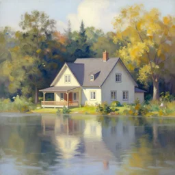 a house on the lake, by thomas kinkade, trending on artstation, 8 k, bokeh