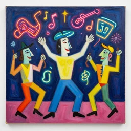 minimalistic. picasso, party, neon, colorful, party happy dancing characters, music, stunning, award, hdr, 8 k, artstation, winning masterpiece by marc simonetti, by moebius and basquiat, oil on canvas