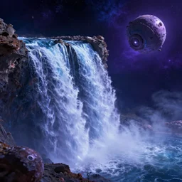 !! waterfall !! in asteroid field, purplish blueish space with stars in background, ultra detailed, high quality, very sharp, artstation award winner, digital art, 8k, vibrant, ultra detailed water