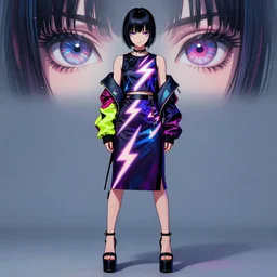copic maker portrait by john berkey of a bishoujo highly detailed anime eyes wearing neon one - armed jacket and skirt with a lightning print top, platform heels. by issey miyake and balenciaga 8 k