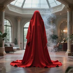 a figure covered by red cloth is standing in a beautiful penthouse with atmospheric light, digital art, concept art, cloth simulation with houdini, smoke, octane, redshift, 8 k
