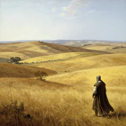 a dry land of rolling pastures and farms!! with yellow!!! and brown!!! grass, medieval era, by asher brown durand and chesley bonestell
