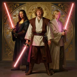 full body portrait of paul chuckle standing next to barry chuckle dressed as jedi knights holding lightsabers, intricate, elegant, highly detailed, digital painting, artstation, led dramatic lighting, concept art, matte, sharp focus, illustration, art by da vinci, artgerm and greg rutkowski and alphonse mucha