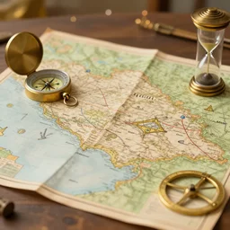old simple fictional map on a table, compass, hourglass, sextant, bokeh, focus on map, top view, artstation