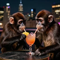 two apes drinking a cocktail on a fancy new york roof top, close up, fancy club lights