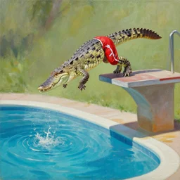 crocodile wearing red swimming pants is jumping in a swimming pool from 1 0 m high tower, oil painting