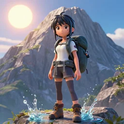 a 3 d film animation still portrait of a adventurer hiker girl atop a big mountain, finely detailed features, water, sun, gapmoe yandere grimdark, trending on pixiv fanbox, painted by bill presing, takashi takeuchi, pixar,