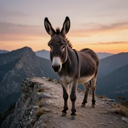 an amazing portrait of a donkey on a slim rocky path at the edge of a cliff, rocky mountains in the background, sunset sky photography, award winning cinematic lighting, highly detailed