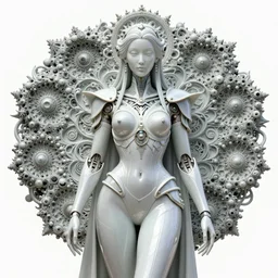 futuristic porcelain and metallic armored cyborg queen, elegant intricate highly detailed mandelbrot fractal subsurface scattering, by arthem priakhin, zhao yun, giger, mucha
