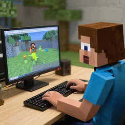 steve from minecraft playing minecraft on his computer