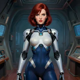 close portrait. ship interior bg. screenshot of a scene in metroid fusion. christina hendricks as zerosuit samus wearing a skintight cybernetic bodysuit. painted by norman rockwell. character designed by hideaki anno. dark crimson hair. digital. lighting by james gurney. trending on artstation. masterpiece