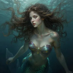 goddess of the sea!! portrait of a seductive mermaid in underwater murky light, wind blown hair! fantasy esoteric, closeup, d & d, fantasy, intricate, elegant, highly detailed, digital painting, artstation, concept art, matte, sharp focus, illustration, art by artgerm and tom bagshaw and greg rutkowski and alphonse mucha