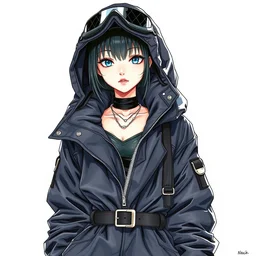 a copic maker realistic portrait of anime idol girl by yoshiyuki sadamoto, alfons mucha wearing a dark puffy anorak latex pilot suit futuristic and yeezy sneakers chic, zippers, belts & velcro galore, cargo pants chic'techno fashion trend by issey miyake and balenciaga streetwear utility 8 k