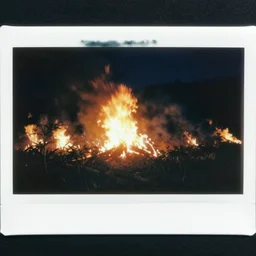 field of cannabis burning on fire at night, forest fire, polaroid