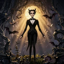wednesday addams by tim burton, stillframe, dark, beautifull hyper realistic, beauty, golden hour, gorgeous lighting by kim jung giu weta studio, warner studio, promotionnal, complex background, bats