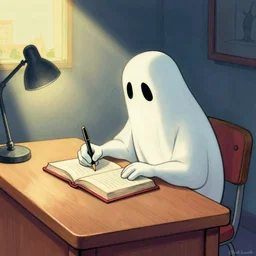 colorful sketch of a ghost writing a book at a desk, by Chuck Jones