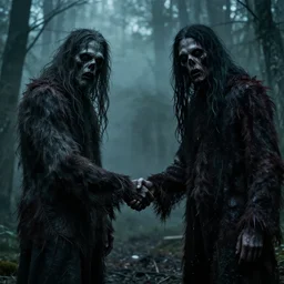 two wendigos shaking hands and looking at the camera, horror, nightmare, terrifying, surreal, nightmare fuel,