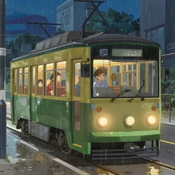 the tram, by makoto shinkai, the weather drizzly, moist, 8 k, unreal engine