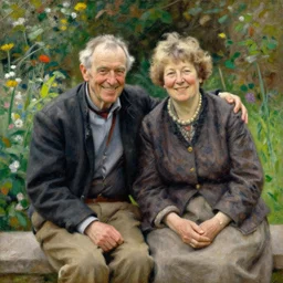 a painting of a happy 60 year old man and a happy 60 year old woman sitting in a garden together, by john singer sargent