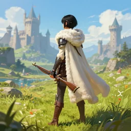 a warrior girl with short black pixie hairstyle wearing a white fur collar with long cloak and leather boots holding a crossbow standing in a meadow with medieval fantasy landscape with castle in the distance, shot from behind, fantasy art, digital art, by andreas rocha, trending on artstation, vibrant colors