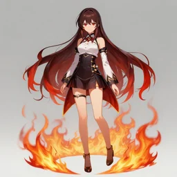 red eyed beautiful long haired anime girl, full body photo, flames everywhere, highly detailed, digital painting, artstation, concept art, smooth, sharp focus, illustration, art by artgerm and greg rutkowski and alphonse mucha