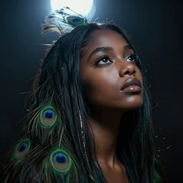 dramatic lighting portrait of a beautiful! young woman with very dark skin and peacock hair. moody and melancholy. dark background with powerful backlight. enhanced eye details with reflection, looking up. digital art by beeple and artgerm