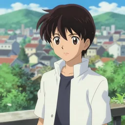 a portrait of tomboy Lain from serial experiments: Lain Shinji with a town behind