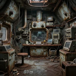 abandoned old and rusted desolate sci fi lab, Interior of a space station cluttered with electronics, Wadim Kashin, Simon Stalenhag,  XF IQ4, f/1.4, ISO 200, 1/160s, 8K, RAW, featured in artstation, octane render, cinematic, elegant, intricate, 8k