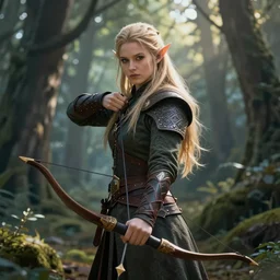 half-elf thief with a magical bow in the forest, digital art, beautiful lighting, cinematic