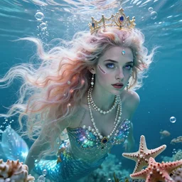 “ henry cavill portrait, fantasy, mermaid, hyperrealistic, game character, underwater, highly detailed, sharp focus, cinematic lighting, pearls, glowing hair, shells, gills, crown, water, highlights, starfish, jewelry, realistic, digital art, pastel, magic, fiction, ocean, king, colorful hair, sparkly eyes, fish, heroic, god, waves, bubbles, king ”