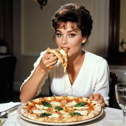 historical photo of sophia loren eating!!! a pizza! margherita, full body, portrait photo, diffuse light, acclaimed masterpiece