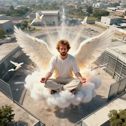 birds eye view of el chapo exploding out of prison in deep meditation. clear sunny day. 4k. angelic.