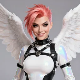 portrait bust digital artwork of tracer overwatch, wearing white iridescent rainbow latex and leather straps catsuit outfit, 4 k, expressive happy smug expression, makeup, in style of mark arian, angel wings, wearing detailed black leather collar, chains, black leather harness, detailed face and eyes,