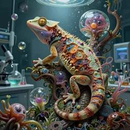 portrait of a science lab, wired gekko, gelatinosis glass, retro futurism, lush layered biomechanical fauna, phantastica, aliena, insectoid, flux symbiosis, gekko soles gelatin brains,, detailed chaos, artificia, vortices micro water, fluida, octane render, by peter mohrbacher and alex grey