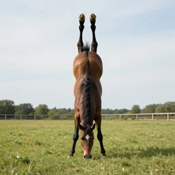 horse doing headstand, wide angle photograph