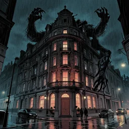 the building is the monster. victorian street london, dark rainy night, moody, surreal, comic book, low angle, concept art by stuart immonen, warren ellis, rafael albuquerque, shinji aramaki, greg rutkowksi, andrew ferez