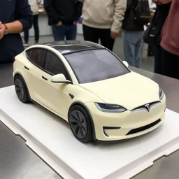 a cake that is made to look like a tesla electric car. it is the same size as a normal car, and is made out of mostly icing. it looks delicious, as people are standing around the cake.