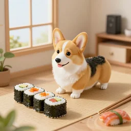 a corgi in a house made of sushi