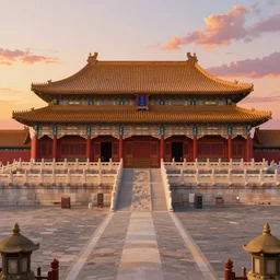 beautiful ultradetailed anime illustration of the Ornate Forbidden City at sunset , In the summer dusk, by makoto shinkai and Thomas Kinkade and Krenz Cushart and beeple, realistic proportions aerial view 4k, rule of thirds golden