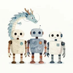 watercolour illustration of a three robots that are friends with a dragon, watercolours, paint, minimalist