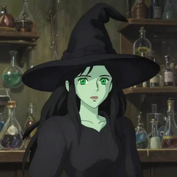 young female witch wearing a black witch hat, greenish pale skin, black hair, bright green eyes, simple black dress, detailed perfect face, exquisite details, mid view, messy potion shop background, by studio muti, greg rutkowski makoto shinkai takashi takeuchi studio ghibli