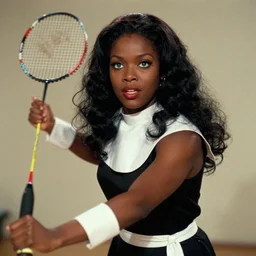 the image is a lost hollywood film still 1 9 9 0 s photograph of a guardian priestess black woman with dark brown skin, long, swirling black hair, and jade colored eyes, playing badminton. vibrant cinematography, anamorphic lenses, crisp, detailed image in 4 k resolution.