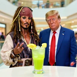jack sparrow and donald trump enjoy lemonade inside the mall