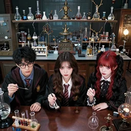 Three friends working in a magic laboratory, one of the friends is a young man with black hair and glasses, the second friend is a beautiful young woman with brunette hair, the third friend is a cute goth girl with red and black hair, wide angle photography, highly detailed and intricate, rule of thirds, color theory, magic laboratory setting, soft lighting, photo photo photo