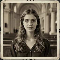 portrait of young beautiful lady in church, old vintage photography, damaged photo, archive, film artifacts, scratches, tears, grainy, hyperrealistic, high quality, ultra detailed, 4 k