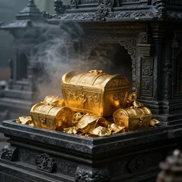 Photo of dark temple, golden treasure, high detail, smoke, sharp, fog